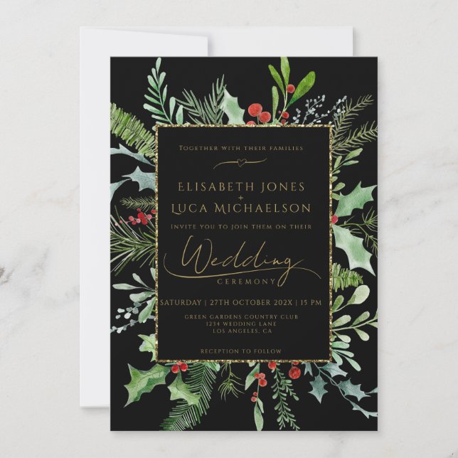 Invitation Mariage Monogramme Botanique Baies Hiver Or (Devant)