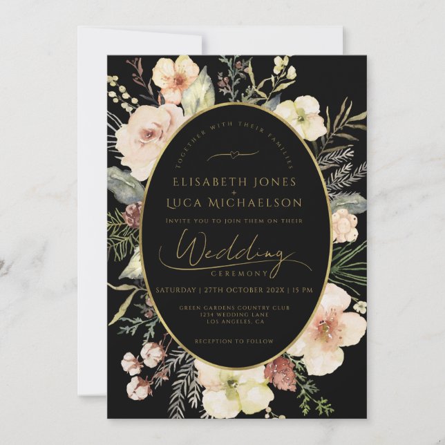 Invitation Mariage Monogramme Botanique Flore Noir Hiver Or (Devant)