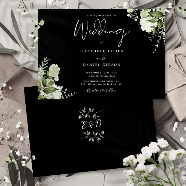 Invitation Mariage Monogramme Botanique Vert Noir Blanc  (Black White Botanical Greenery Monogram Wedding Invitation)