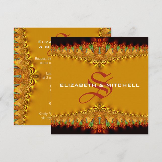 Invitation Mariage Monogramme Broderie Or Tango Rasta (Devant / Derrière)