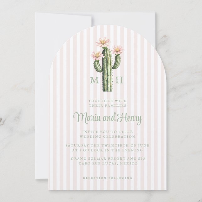 Invitation Mariage Monogramme Cactus Rose du désert (Devant)