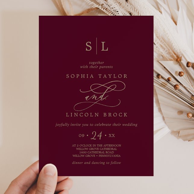 Invitation Mariage Monogramme Calligraphique Bourguignon Roma (Romantic Burgundy Calligraphy Monogram Wedding Invitation)