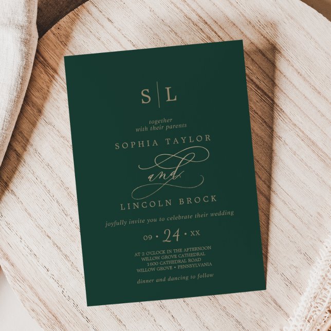 Invitation Mariage Monogramme Calligraphique Romantique Vert (Romantic Green Calligraphy Monogram Wedding Invitation)