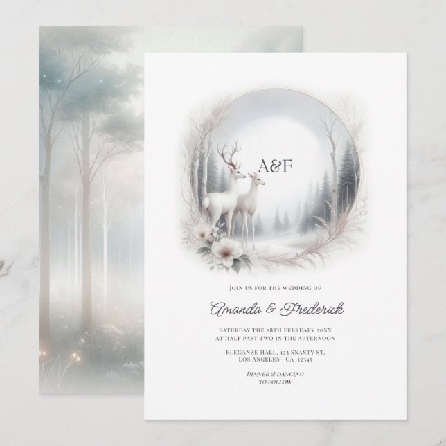 Invitation Mariage Monogramme Cerf Blanc Forêt Enchantée (Devant / Derrière)