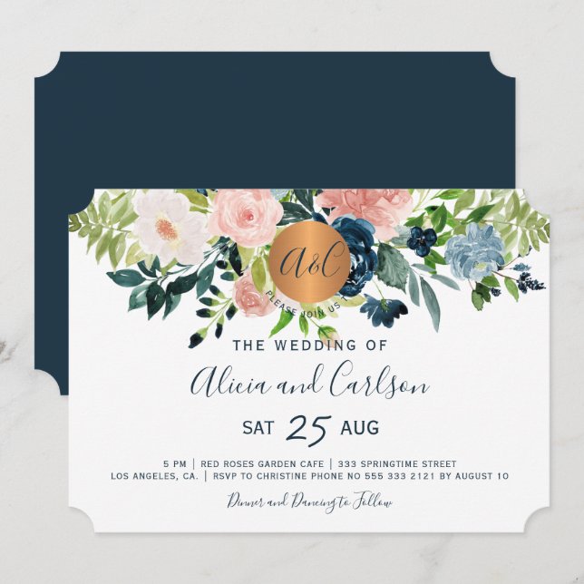 Invitation Mariage monogrammé chic de fleurs bleues de marine (Devant / Derrière)