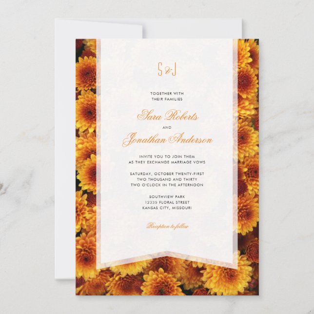 Invitation Mariage Monogramme Chrysanthèmes Orange Automne (Devant)
