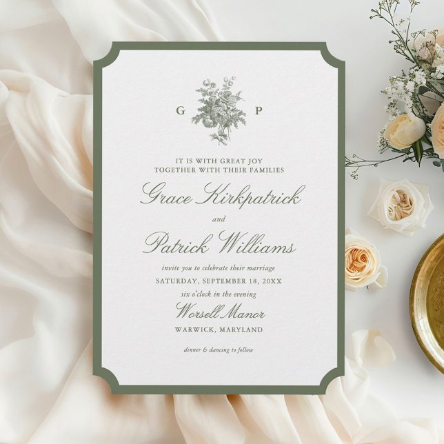Invitation Mariage Monogramme Classique avec Bordure Vert Sau (Créateur téléchargé)