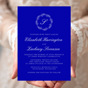Invitation Mariage Monogramme Couronne Bleu Royal Écriture Bl