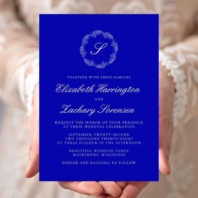 Invitation Mariage Monogramme Couronne Bleu Royal Écriture Bl (Créateur téléchargé)
