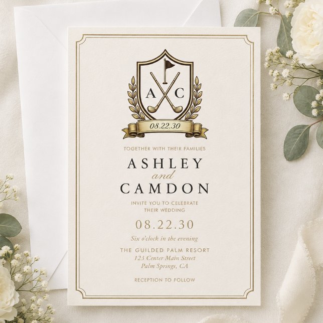Invitation Mariage Monogramme Crête Golf Or (Créateur téléchargé)