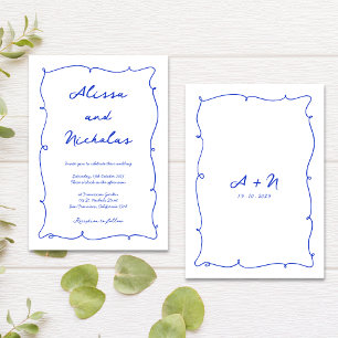 Invitation Mariage Monogramme Cursif Bleu Levé À La Main Mode