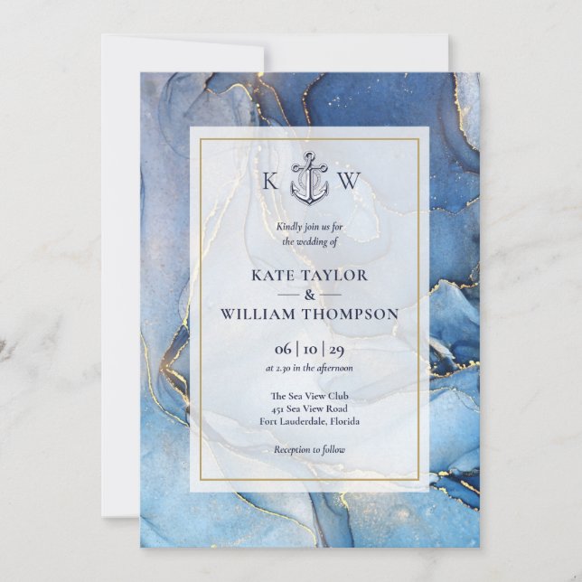 Invitation Mariage Monogramme D'Agate Bleu Et Or Nautique (Devant)