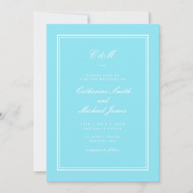 Invitation Mariage monogramme d'aqua brillant classique absol (Devant)