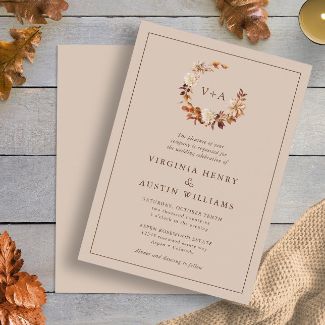 Invitation Mariage monogramme d'automne (Taupe Fall Floral Wreath Monogrammed Wedding Invitation by Painted Paperie
)