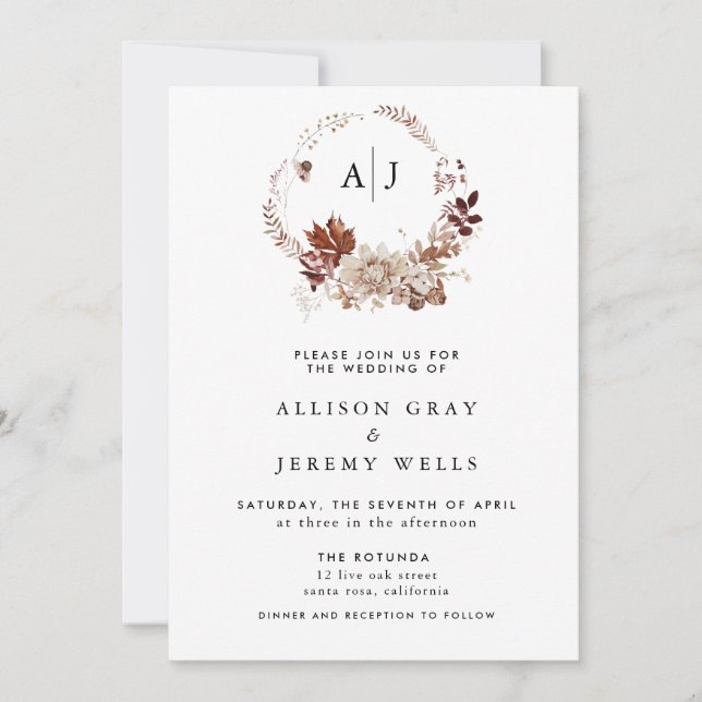 Invitation Mariage Monogramme d'automne du budget (Devant)