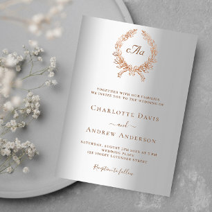 Invitation Mariage monogramme de couronne d'or rose argent