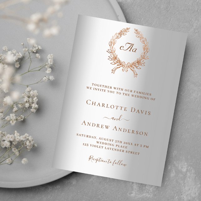 Invitation Mariage monogramme de couronne d'or rose argent (Créateur téléchargé)