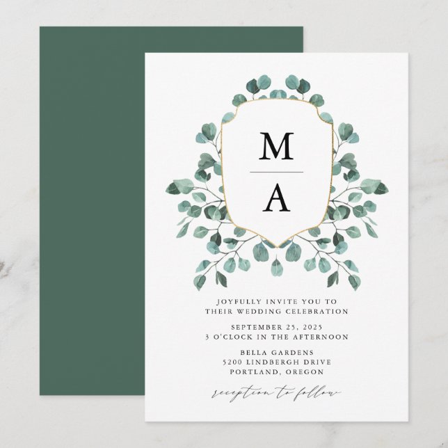Invitation Mariage Monogramme de feuillage d'eucalyptus moder (Devant / Derrière)