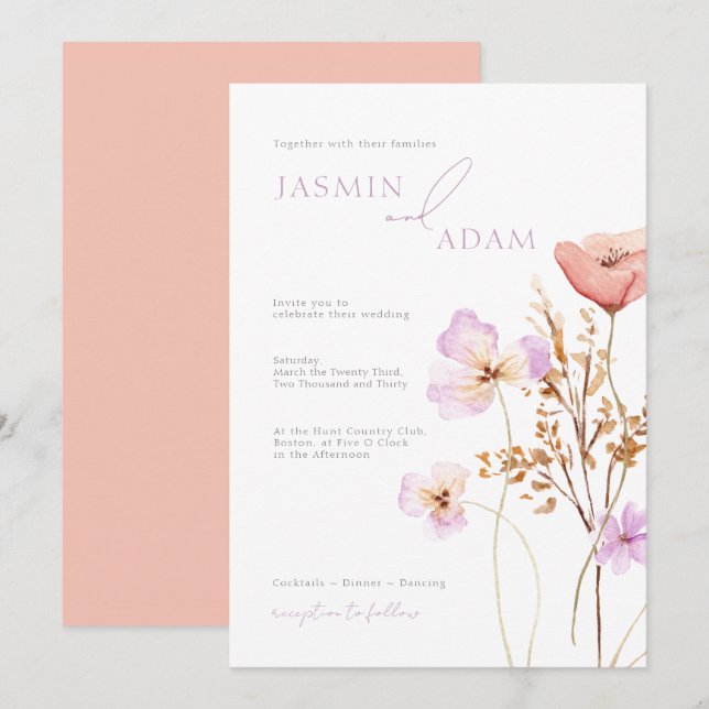 Invitation Mariage Monogramme de Fleur Sauvage de Lilas Pêche (Devant / Derrière)