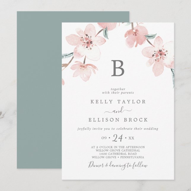 Invitation Mariage Monogramme de fleurs de cerisier de printe (Devant / Derrière)