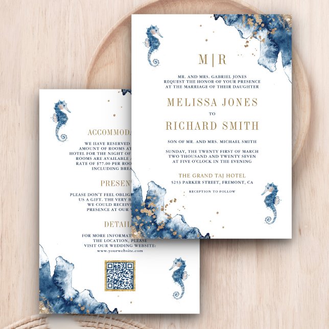 Invitation Mariage Monogramme de la Marine Nautilique Code QR (Créateur téléchargé)