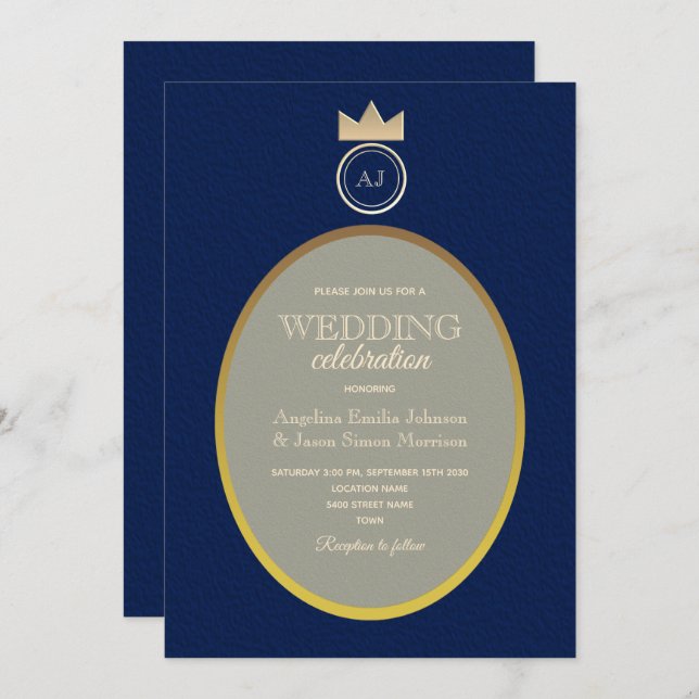 Invitation Mariage Monogramme de luxe Gold Navy (Devant / Derrière)