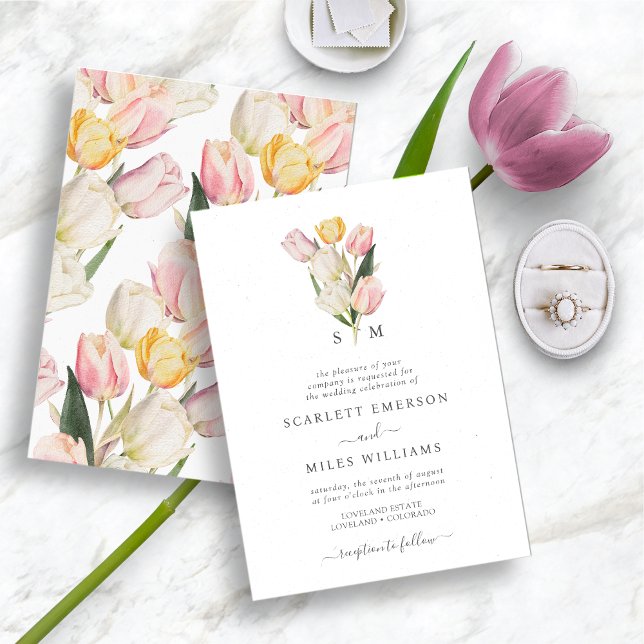 Invitation Mariage Monogramme de Printemps (Watercolor Monogrammed Spring and Summer Tulip Wedding Invitation by Painted Paperie)