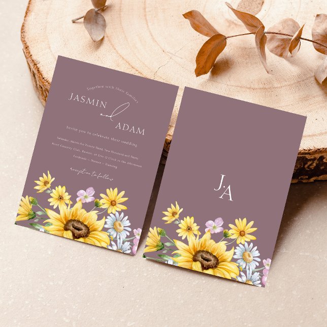 Invitation Mariage Monogramme de tournesol violet d'été (Summer Purple Sunflowers Monogram Wedding Invitation)