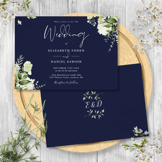 Invitation Mariage Monogramme de verdure botanique bleu marin (Navy Blue Botanical Greenery Monogram Wedding Invitation)