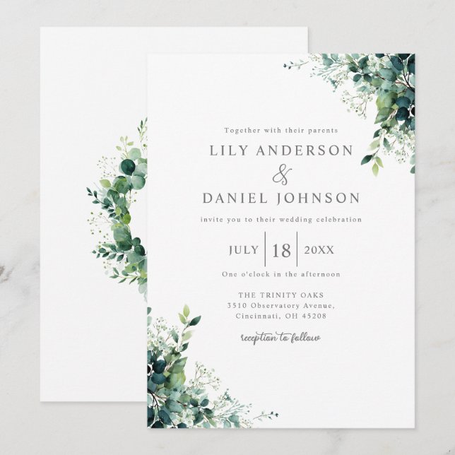 Invitation Mariage Monogramme de Verdure d'Eucalyptus Rustiqu (Devant / Derrière)