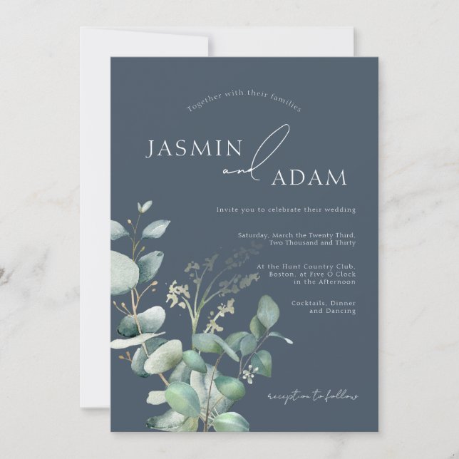 Invitation Mariage Monogramme d'opulence bleue royale Eucalyp (Devant)