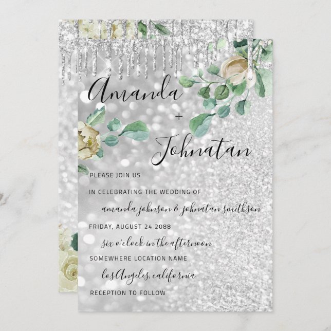 Invitation Mariage Monogramme Drives Florals Mint Parties sci (Devant / Derrière)