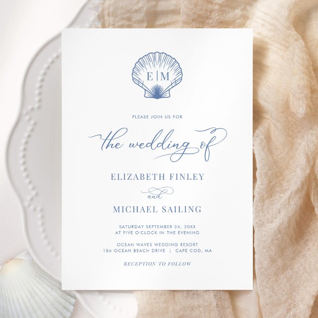 Invitation Mariage Monogramme du Coastal Blue Seashell (Créateur téléchargé)