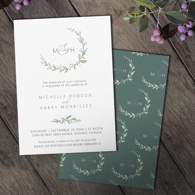Invitation Mariage monogramme du feuillage vert mauve (Créateur téléchargé)