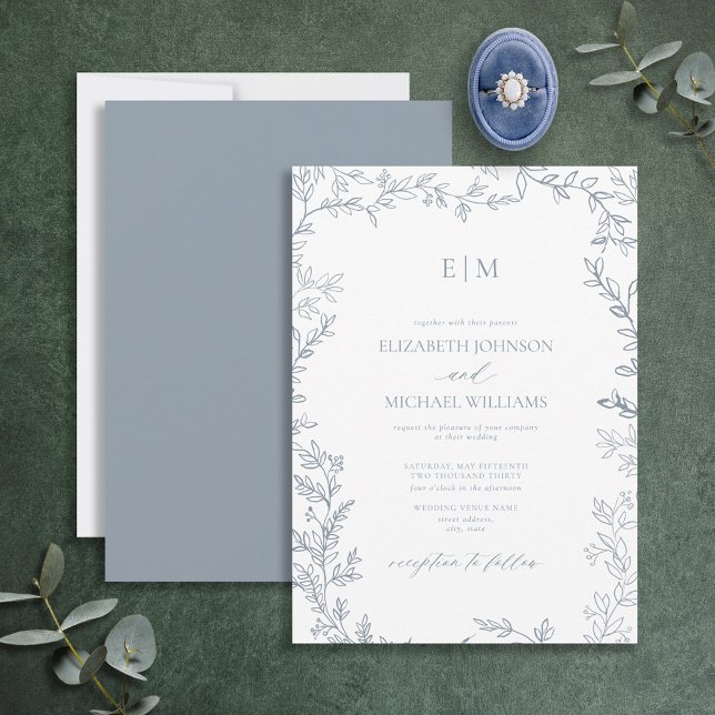 Invitation Mariage Monogramme Élégant bleu à feuilles minimal (Créateur téléchargé)