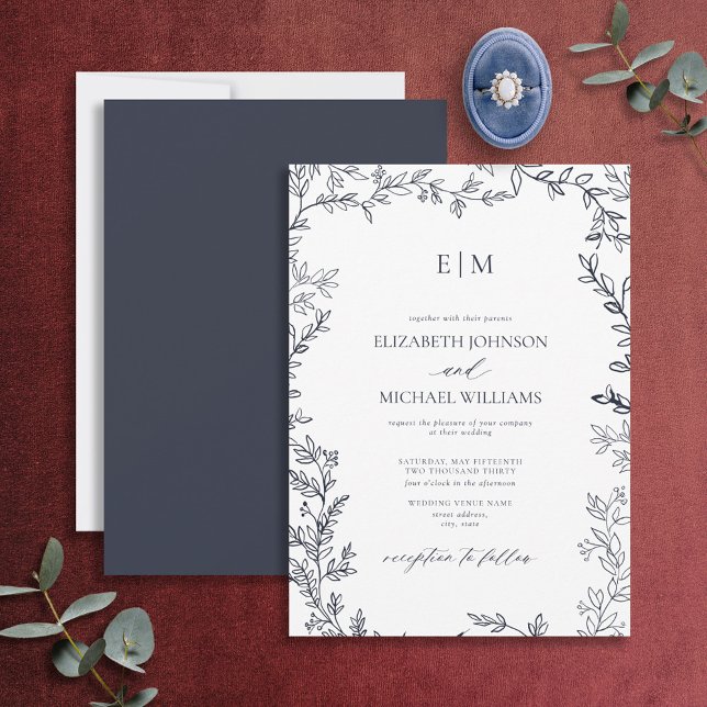 Invitation Mariage Monogramme Élégant bleu marine à feuilles  (Créateur téléchargé)
