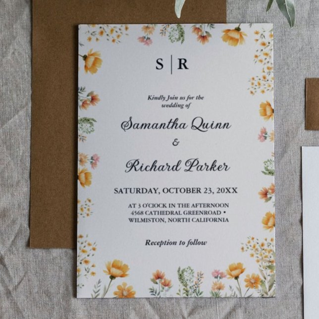 Invitation Mariage monogramme Elegant Fleur sauvage de trame (Créateur téléchargé)
