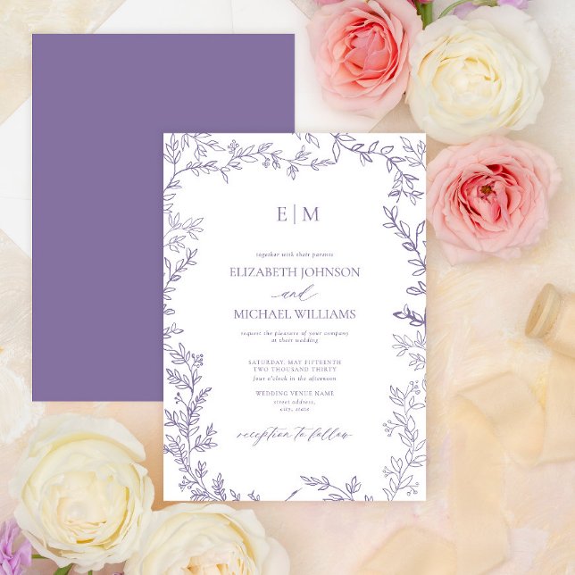 Invitation Mariage Monogramme Élégant pour Lavande Feuille Mi (Créateur téléchargé)