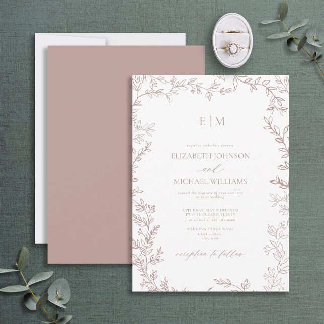 Invitation Mariage monogramme Élégant pour Rose à feuilles mi (Créateur téléchargé)