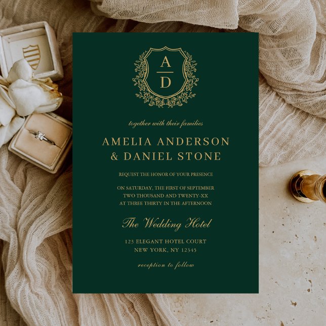 Invitation Mariage Monogramme Emerald Green Gold Crest (Créateur téléchargé)