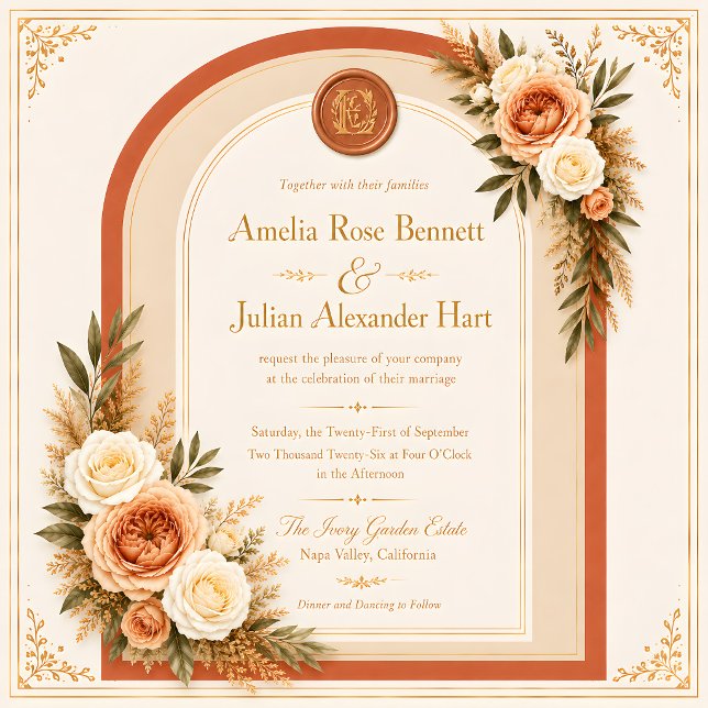 Invitation Mariage Monogramme en Arche Florale Crème Terracot (Créateur téléchargé)