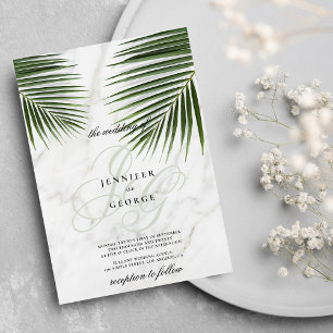 Invitation Mariage monogramme en marbre blanc vert tropical