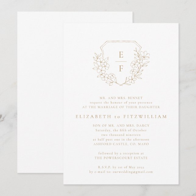 Invitation Mariage Monogramme en or simple cerisier (Devant / Derrière)