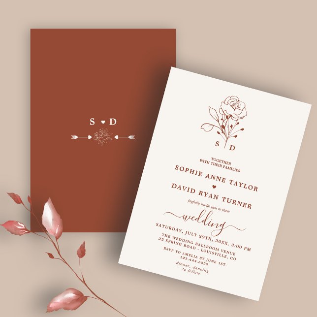 Invitation Mariage monogramme en terre cuite florale minimali (trendy terracotta burnt orange wedding, elegant modern terracotta wedding calligraphy invitation, )