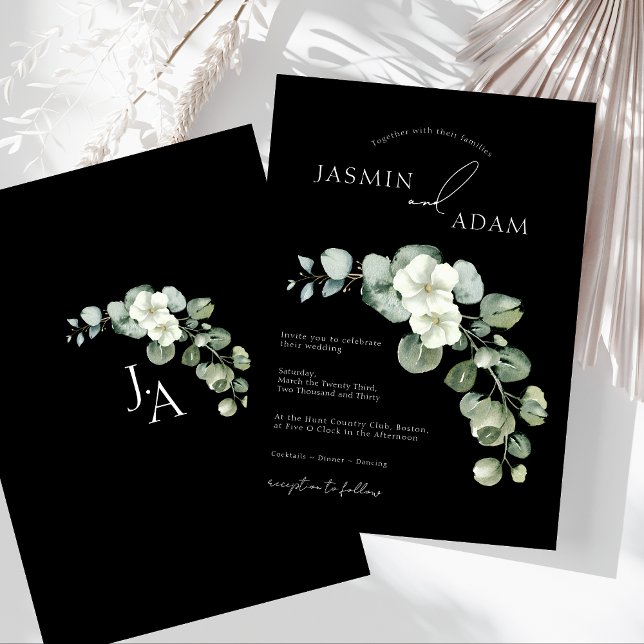 Invitation Mariage Monogramme Eucalyptus noir simple (Simple Black Greenery Eucalyptus Monogram Wedding Invitation)