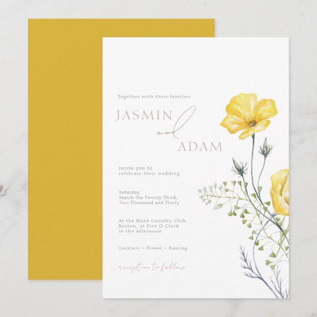 Invitation Mariage Monogramme Fantaisiste à la Moutarde et Fl (Devant / Derrière)