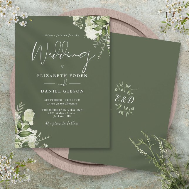 Invitation Mariage Monogramme Feuillage de verdure vert olive (Olive Green Greenery Leaves Monogram Wedding Invitation)