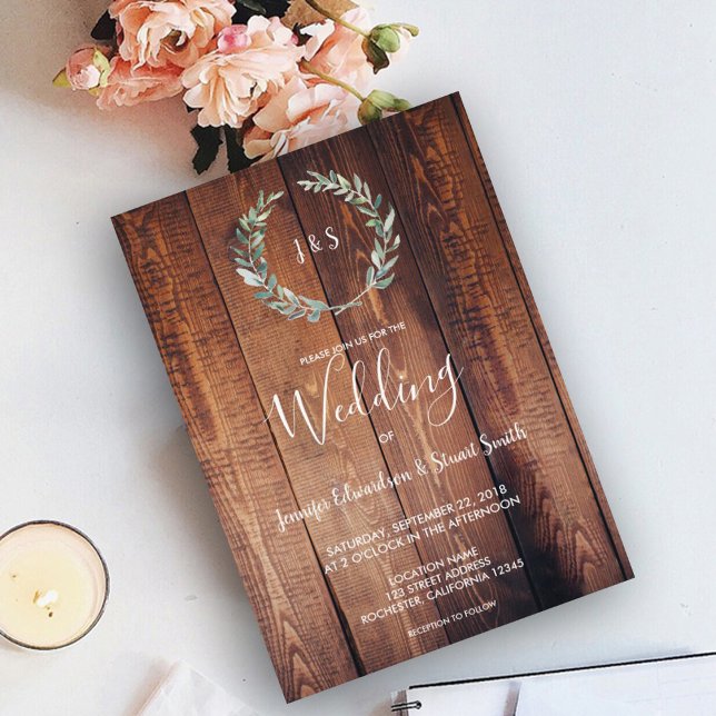 Invitation Mariage monogramme feuille d'olive aquarelle rusti (Créateur téléchargé)