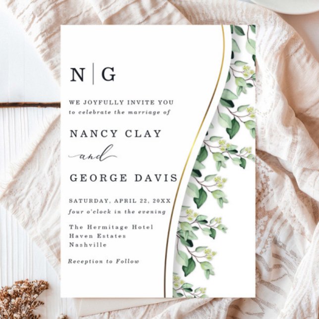 Invitation Mariage Monogramme Feuille Gold Green moderne (Créateur téléchargé)