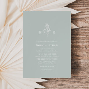 Invitation Mariage Monogramme Feuille Ligne Vert Sauge